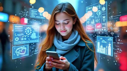 A woman with red hair in a coat holds a phone while surrounded by glowing digital interface screens - Powered by Adobe