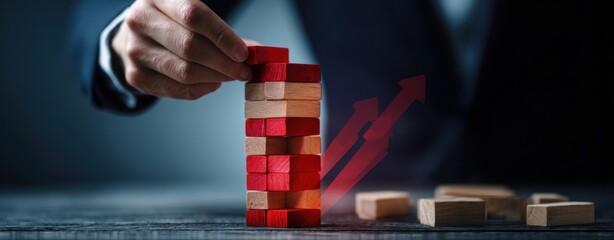 The Wooden Block Tower Symbolizing Business Growth and Strategic Risk Management with Hand