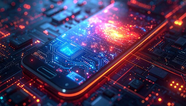 Futuristic smartphone technology with glowing circuit board design.