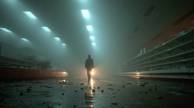 Atmospheric cinematic shot inside a long-abandoned supermarket as a lone scavenger moves down an aisle with a flashlight, dusty shelves and dramatic light beams revealing floating particles and forgot