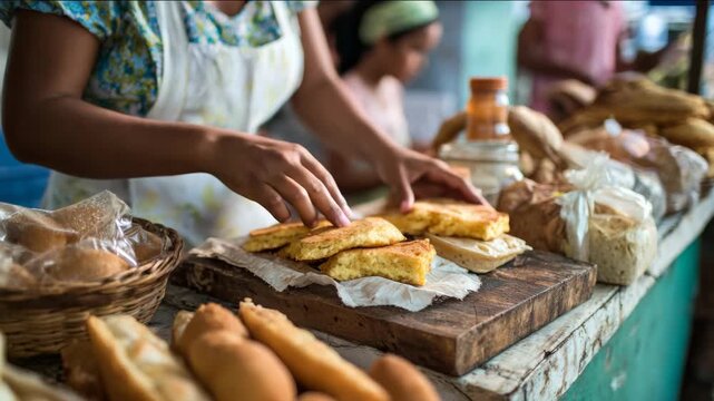 Woman selling fresh cornbread slices at a bustling local market stall.