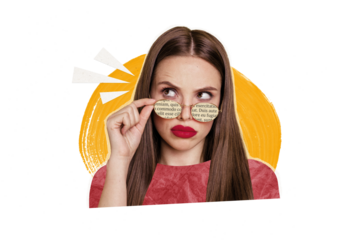 Composite photo collage of doubtful young girl wear sunglass skeptical suspicious facial expression unsure isolated on painted background