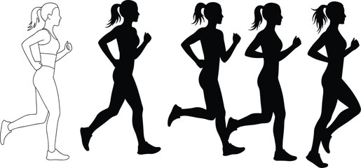 Running silhouette sequence showing athletic woman in motion with outline figure demonstrating jogging stride fitness exercise speed training vector illustration