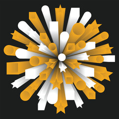 Abstract 3D burst design with golden and white geometric shapes on dark background, modern star and ribbon explosion style perfect for festive posters, digital art, and graphic templates.