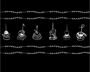 Frame of canape set highlighted on black background. Hand-drawn vector black and white illustration. Small sandwich strung on skewer. Snacks for alcohol, appetizer.
