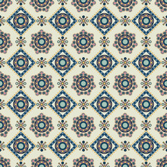 Vintage seamless geometric floral pattern on a cream background. Mediterranean and Moroccan tile style with stylized flower and mandala motifs in muted blue, pink, and gold tones for fabric wallpaper.