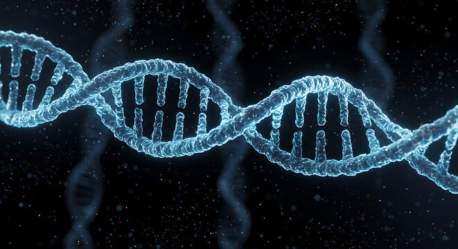 digital dna double helix structure with glowing blue strands in dark scientific background