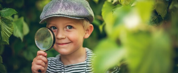 The boy with magnifying glass exploring lush green garden foliage in summer