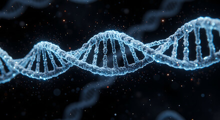 digital dna double helix structure with glowing blue strands in dark scientific background