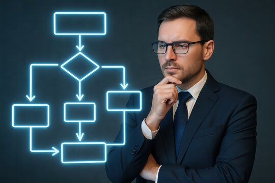 Businessman contemplates a glowing digital flowchart representing complex data and decision-making processes