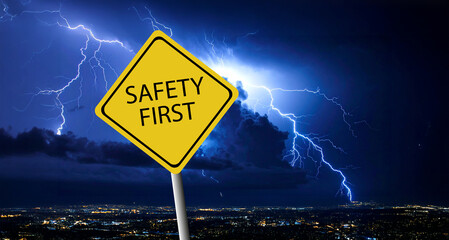 Safety first symbols, work safety, caution work hazards, danger surveillance, zero accident concept. Wooden cubes with smart grey background. Employees safety awareness at workplace. Safety banner.