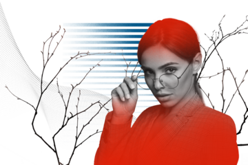 Creative collage image young beautiful girl eyewear glasses nervous system tree branches exhausted worker employee drawing background