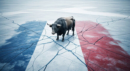 A bull stands on thin, cracked ice painted like the French flag. A powerful metaphor for France's fragile economy, stock market risk, and financial crisis.