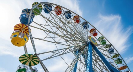 Fototapeta premium Colorful ferris wheel against a blue sky with clouds on a sunny day