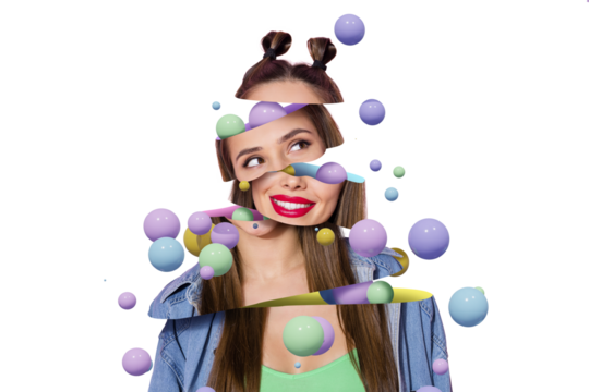Creative collage young smiling woman pomade 3d figures bubbles entertainment leisure virtual reality simulation body fragments separated