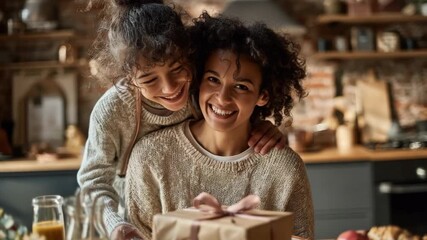 A daughter embracing her mother with a gift, sharing a joyful moment together at home. - Powered by Adobe