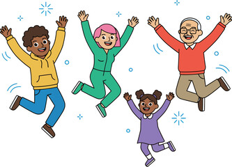 Happy People Jumping Together &ndash; Family and Friends Cartoon Illustration