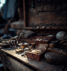 Treasures at the flea market.
An antique jewelry box, antique rings, necklaces and brooches laid out on a wooden table among other vintage finds.