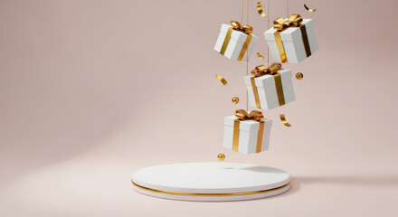 Falling White Gift Boxes with Golden Ribbons Podium Display Elegant Product Showcase Beige Background Confetti