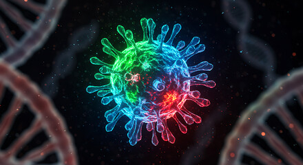 digital virus particle with spike proteins and dna strands in glowing medical background
