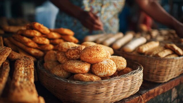 Assortment of fresh baked goods in woven baskets at a market stall.