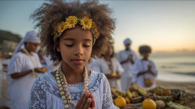 Young girl in prayer with a flower crown on the beach during a religious ceremony.