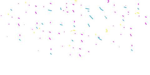 Scattered confetti in shades of pink blue and yellow  and magenta falling on a white background for a festive look