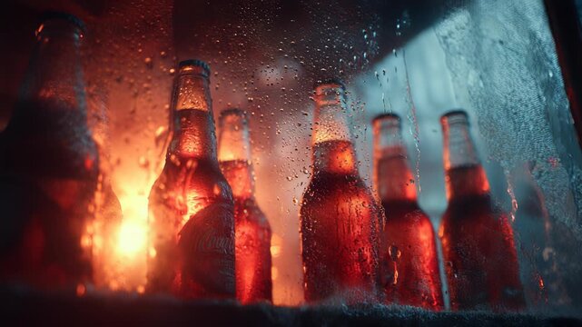 Chilled Glass Bottles of Soda or Beer in Refrigerator with Condensation, Refreshing Beverage, Cold Drinks, Close Up, Red and Blue Lighting