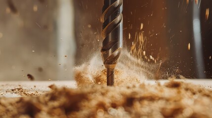 Dynamic drill bit pierces wood, creating a powerful burst of sawdust and shavings in a close-up, action-packed workshop scene.