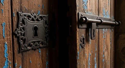 Rustic wooden door partially ajar, revealing intricate antique iron keyhole plate and a robust metal bolt lock, suggesting mystery, security, and vintage charm within ancient architecture
