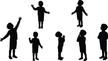 Silhouette child body language poses, emotional expression, praying, thinking, reaching upward, standing, gesture illustration, nonverbal communication, childhood posture, artistic vector design