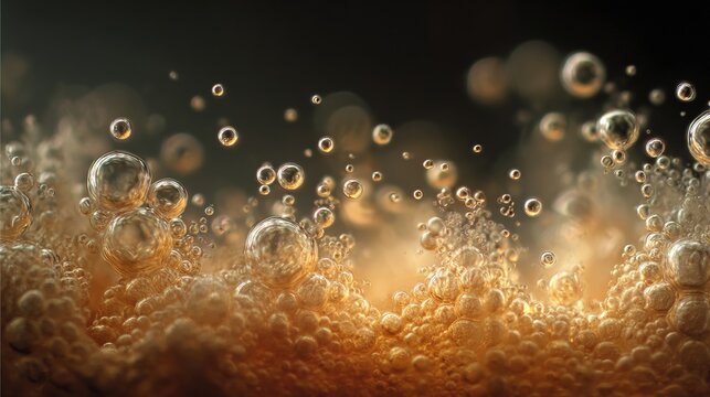Macro close up of golden effervescence bubbles with soft light