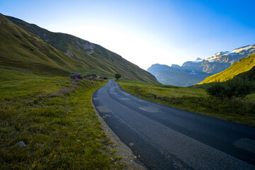 Naklejka premium Paisagem rural do verão nos alpes da frança durante a manhã com céu azul e céu.