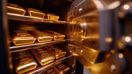gold bars in a bank safe close-up for financial and investment projects. An open safe with bright gold bars