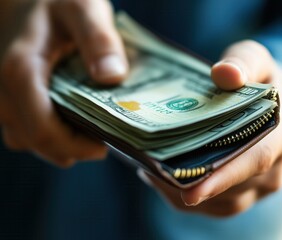 A man holding a purse full of banknotes in US dollars, close-up.A close-up of a man holding a wallet full of US dollar bills,symbolizing cash payments, personal finance, and wealth management concepts