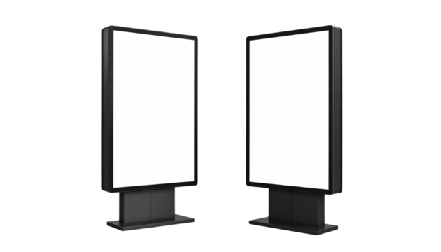 A sleek, modern vertical digital display stand with a blank white screen, isolated on a transparent background. Perfect for advertising, information boards, or indoor digital signage mockups.