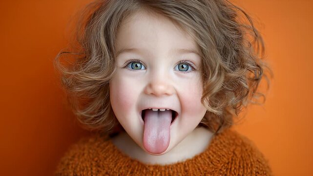Playful Toddler Sticking Out Tongue Against Orange Background, Close-Up Portrait of a Cute Child with Curly Hair and Bright Eyes, Expressing Joy and Mischief
