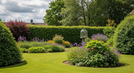 Fototapeta premium Exquisite Garden View Manicured Lawn, Lush Bushes & Blossoming Flowers Under a Cloudy Sky