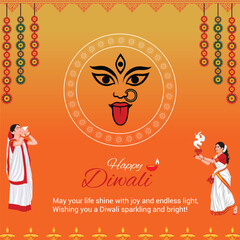 Happy Diwali Festival Background with Goddess Illustration, Traditional Women, Diyas, and Decorative Floral Elements