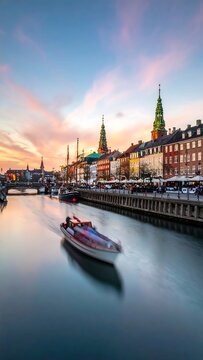 City canal scene at sunset with boat moving through