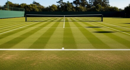 Fototapeta premium A perfectly maintained green grass tennis court, showcasing its crisp white lines and a taut net under natural daylight, ready for an energetic game