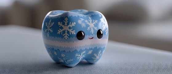 Cute blue tooth figure wearing a festive winter design, perfect for dental awareness events and holiday celebrations in a cozy indoor setting