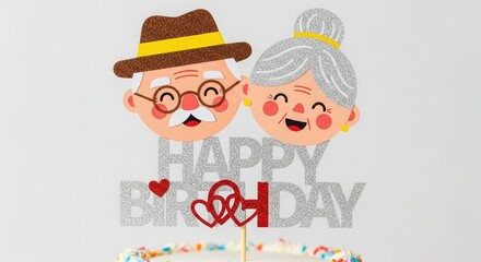 Happy birthday cake topper with elderly couple isolated on white background