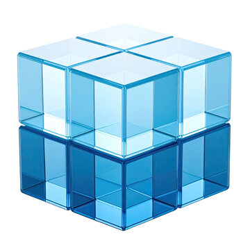 A transparent, geometric cube composed of smaller, luminous, blue-toned cubes on a black background