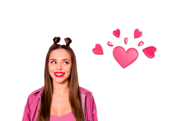 Creative image poster collage of girl thinking mind cloud heart on pink pastel color background.