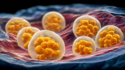Adipose cells clustered within soft tissue, illustrating energy storage and the concept of metabolism nutrition and metabolic health research.
