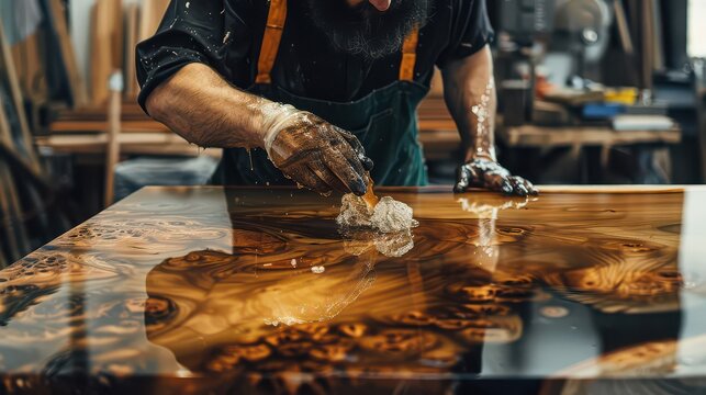 Skilled craftsman meticulously applies resin to stunning live edge wood table, creating mesmerizing liquid art for a modern, luxurious home - Powered by Adobe