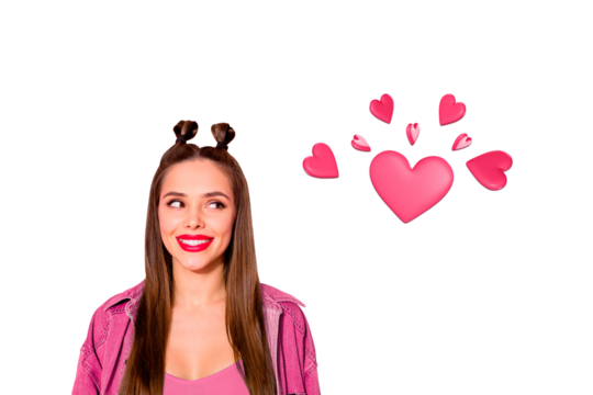 Creative image poster collage of girl thinking mind cloud heart on pink pastel color background. - Powered by Adobe