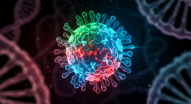 digital virus particle with spike proteins and dna strands in glowing medical background