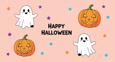 Happy halloween greeting card with pumpkins and ghosts isolated on white background